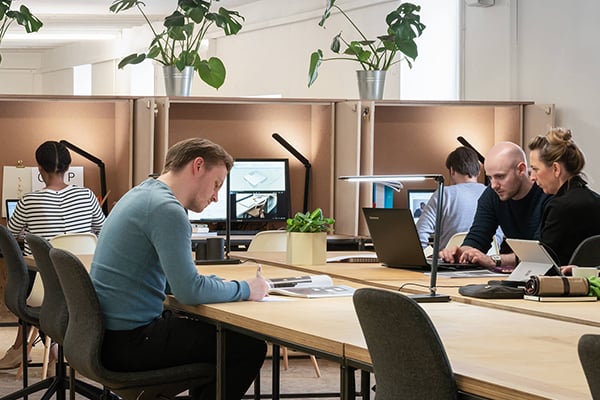 People working at Custom Lanes, a shared office space with computers and notebooks. Potted plants and desk lamps decorate the tables. The setting is modern and collaborative, with individuals focused on tasks in a bright environment.