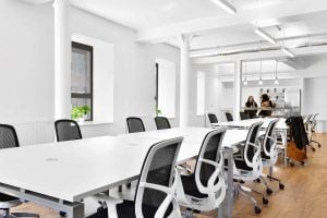 A modern office with long white desks and black mesh chairs arranged in rows, enhanced by the subtle elegance of foxglove arrangements. Two people stand in the background near a kitchenette. The bright space, adorned with large windows and white walls, feels fresh and inviting.