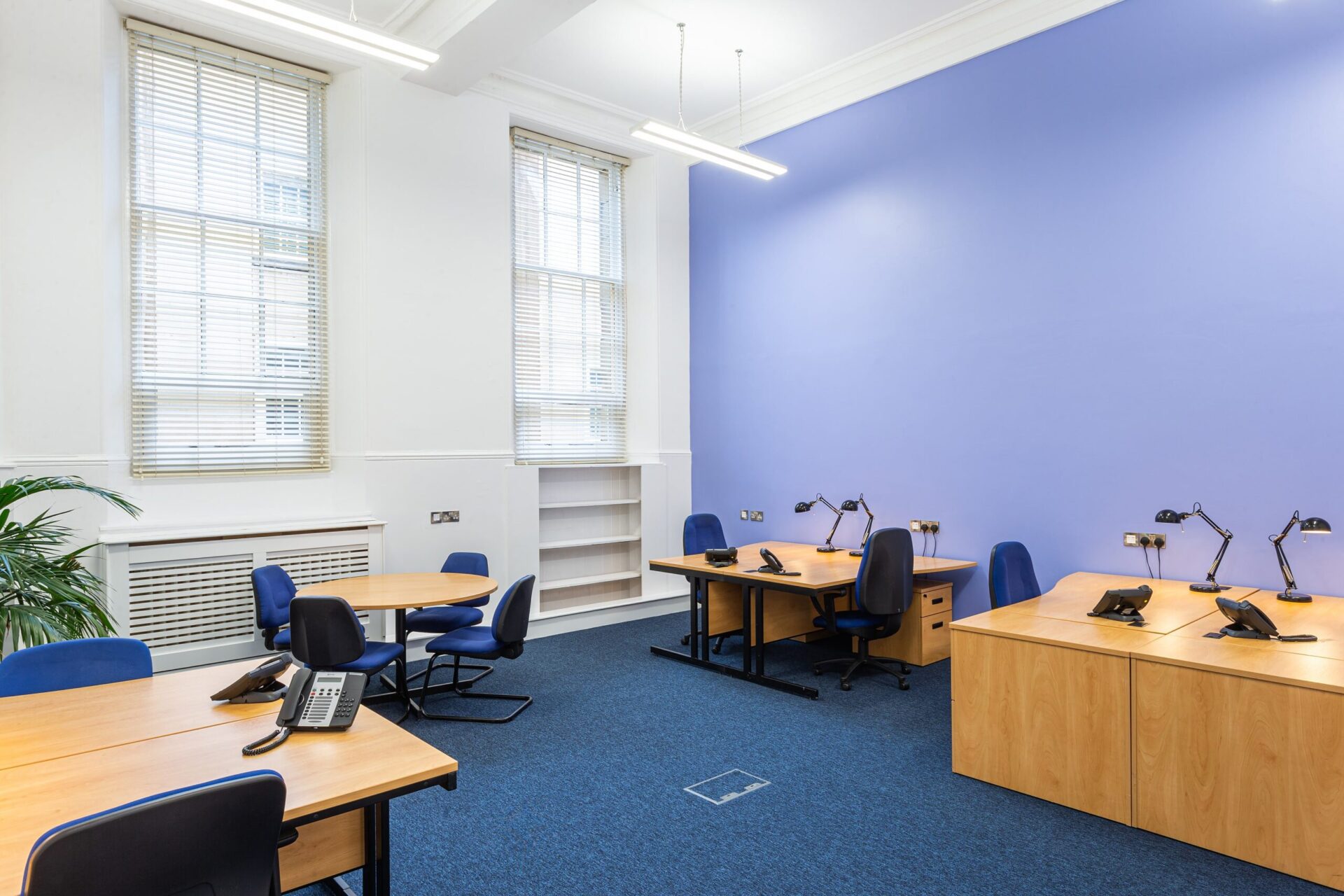 Experience the elegance of a modern office space at CBC House, featuring four wooden desks each paired with a sleek black chair and adjustable lamps. Two windows brighten the light blue and white walls. A potted plant adds warmth beside an empty bookshelf, creating a serene workspace ambiance.