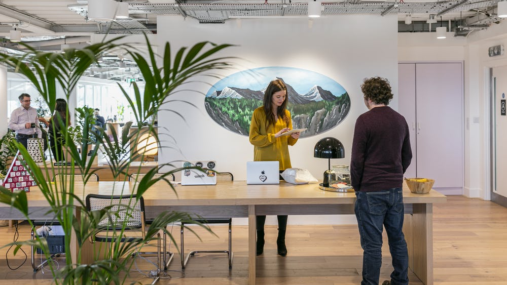 A woman and a man converse at a large wooden desk in the modern office space at 80 George Street. The woman is writing in a notebook. A laptop, a lamp, and a basket are on the desk. A landscape painting decorates the wall, while lush plants add warmth to the foreground.