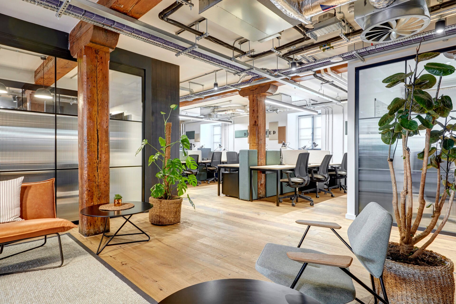 Modern office space in Edinburgh with exposed wooden beams and industrial ceiling features. Includes desks with chairs, potted plants, and a lounge area with armchairs and a small table, all on a wooden floor bathed in natural lighting.