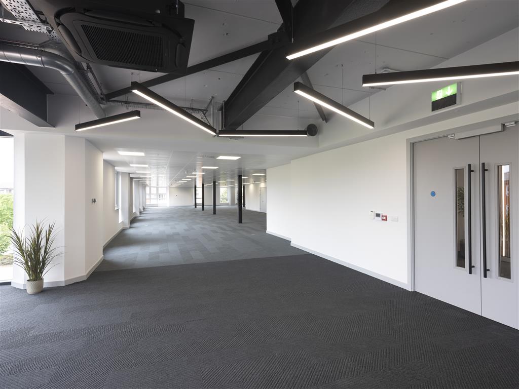 A modern, empty office corridor with gray carpet and white walls showcases verdant charm. The ceiling features exposed ductwork and linear LED lights. Large windows on the right allow natural light to flood in. A lush potted plant stands near the end of the hallway alongside double doors.