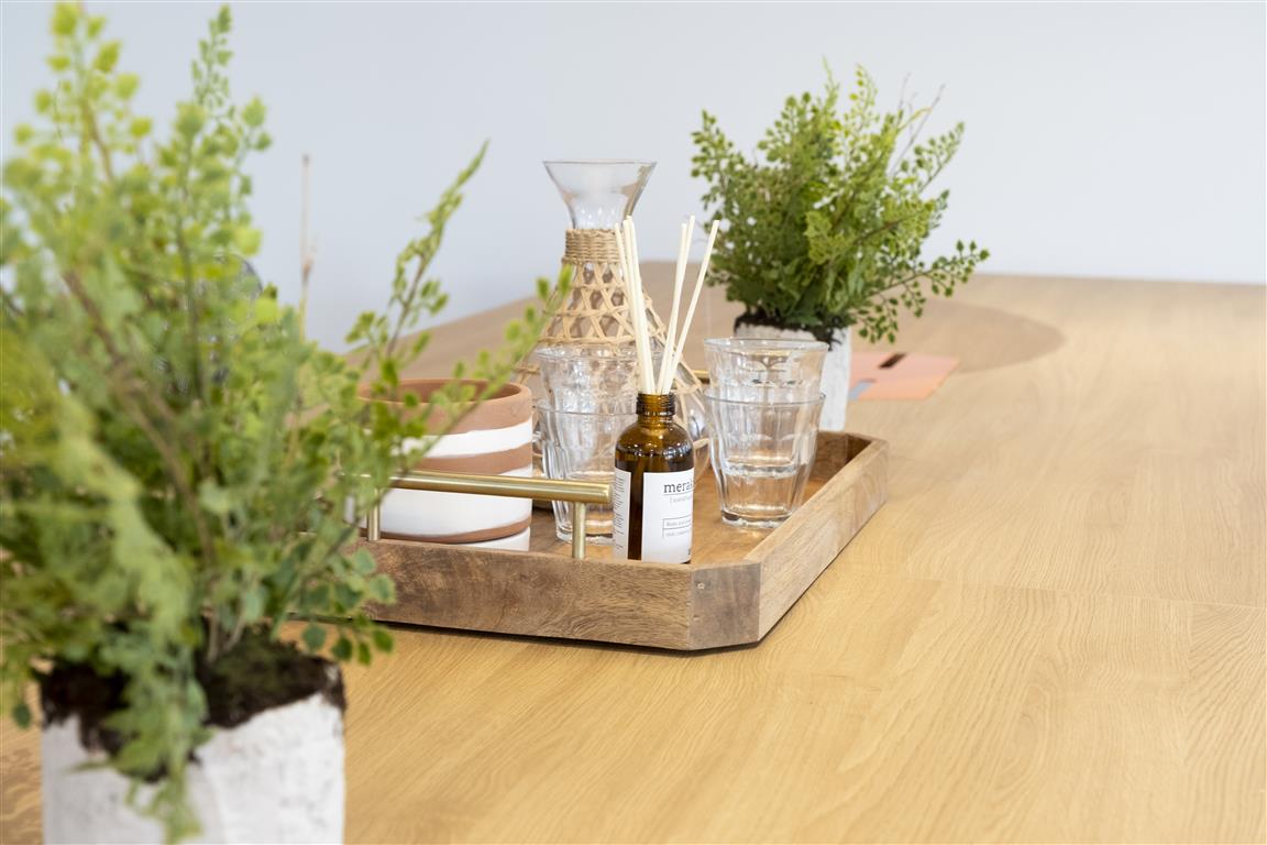 A wooden table holds a tray with a few glass bottles, a ceramic bowl, and a glass decanter. Two verdant, potted plants flank the tray, adding a fresh, natural touch to the minimalist setting.