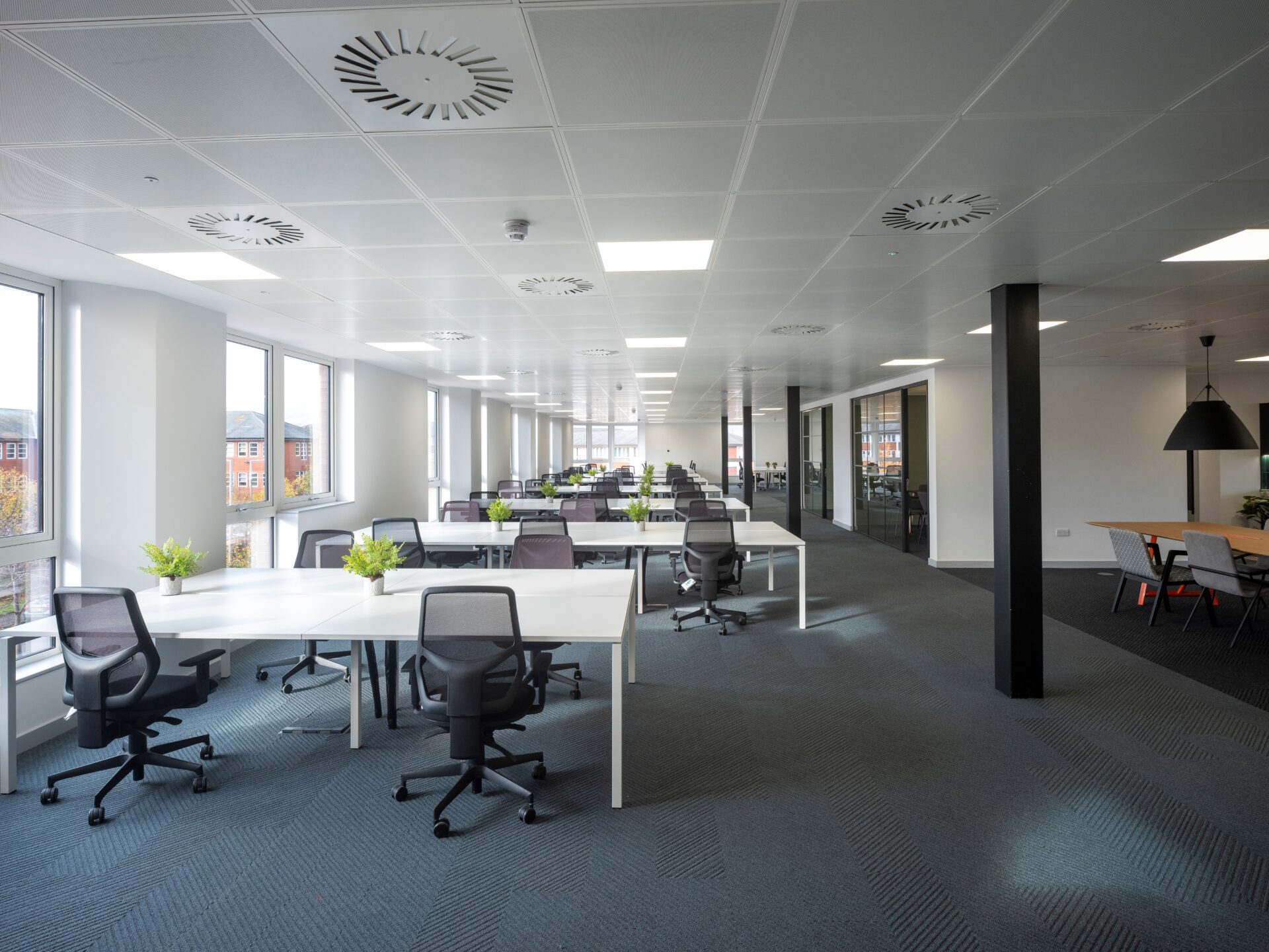 Modern open-plan office with rows of white desks and black chairs on a gray carpet. Potted plants are placed on tables. Large windows line the walls, allowing natural light to fill the space. A meeting area with a long table is visible in the background.